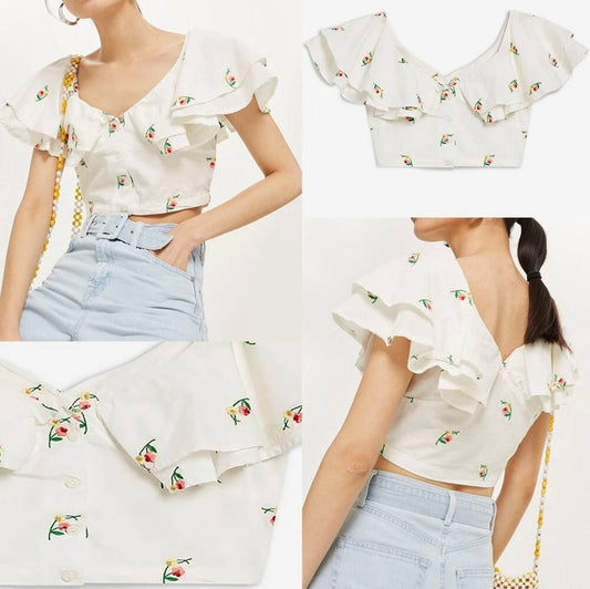 Embroidered White Frill Sleeve Crop Top