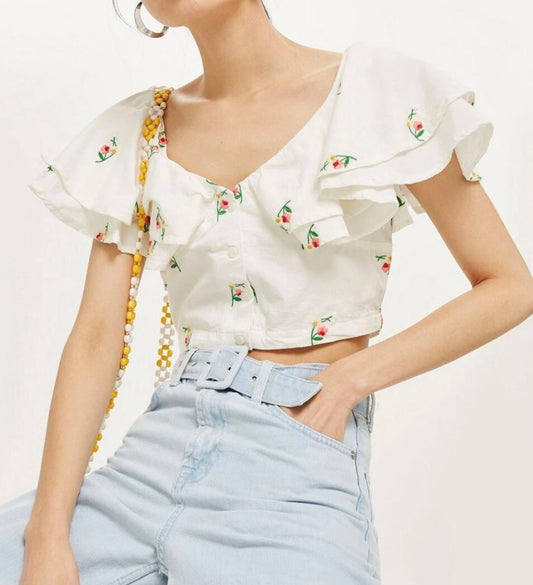 Embroidered White Frill Sleeve Crop Top