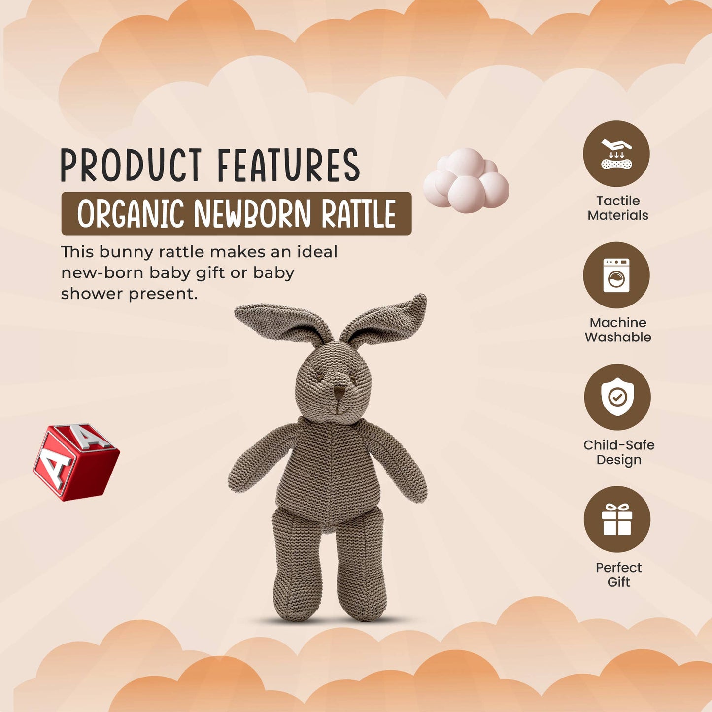 Knitted Organic Cotton Grey Bunny Rattle