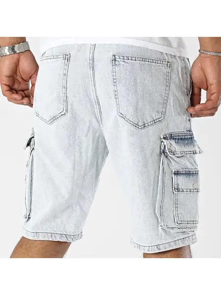Unisex Black Industry Light Wash Cargo Denim Shorts