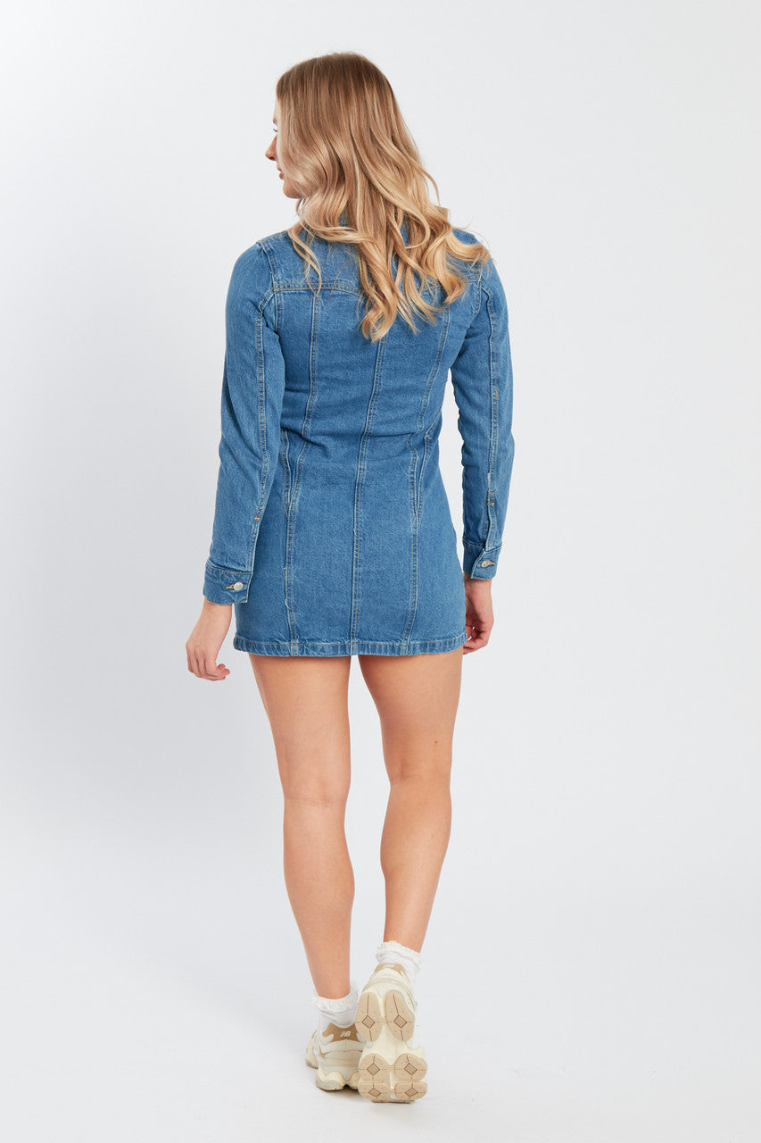 Denim Long Sleeve Zip Mini Dress