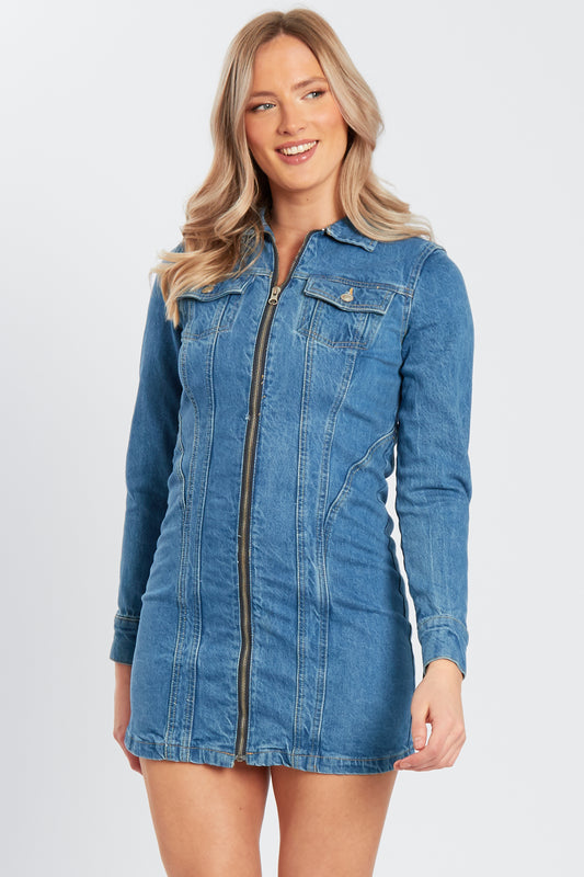 Denim Long Sleeve Zip Mini Dress