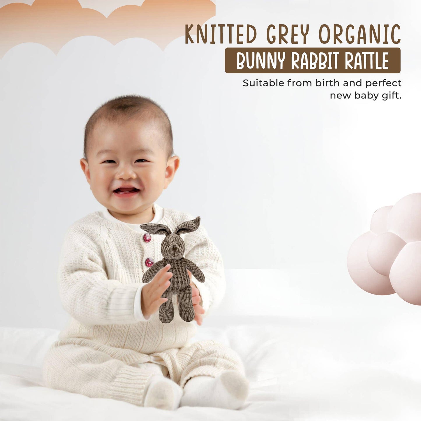 Knitted Organic Cotton Grey Bunny Rattle