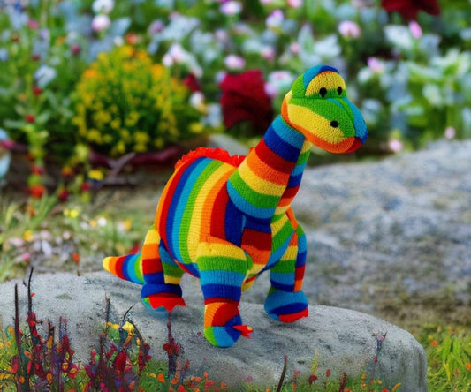 Knitted Diplodocus Dinosaur Toy in Bold Stripes